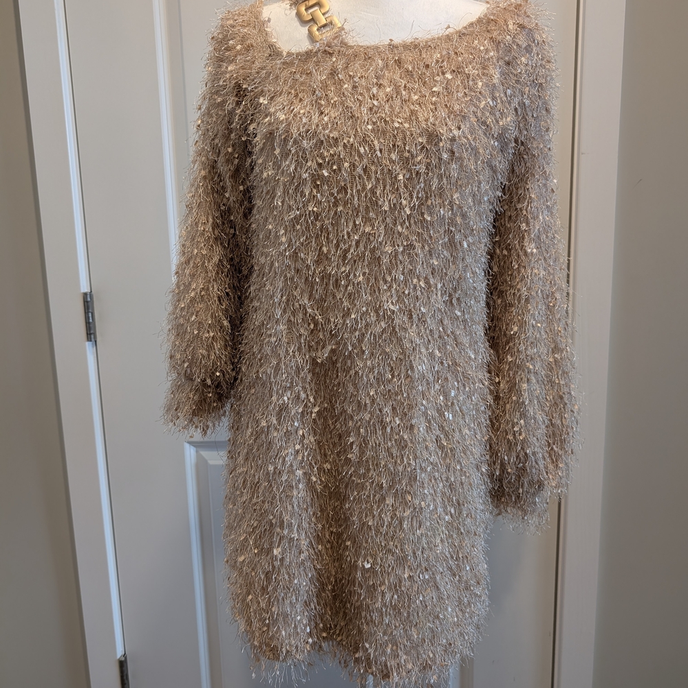 Elegant Tan Long Sleeve Fuzzy Dress
